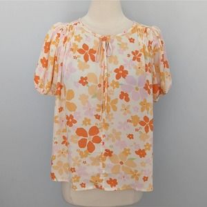 Eclair Floral Blouse Retro Flowers 1970s Orange Pink Neck Tie Medium